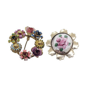 Vintage Enamel Flower Brooch Lot Guilloche Floral Gold Tone Wreath Set of 2